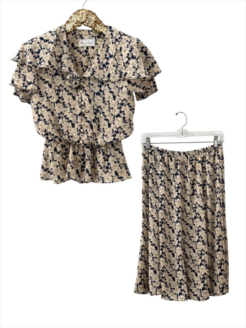 Vintage Damon Petite Blue Floral Peplum Blouse & Matching Midi Skirt Set